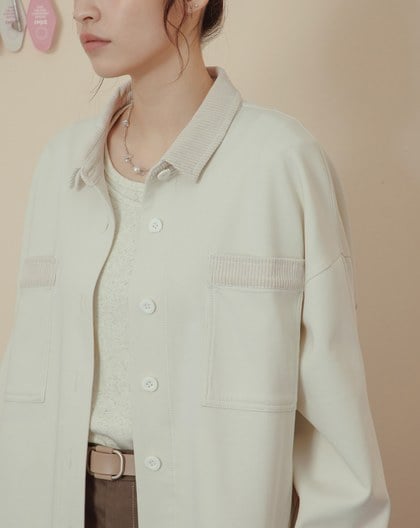 異材質配色拼接條絨襯衫外套(兩色)