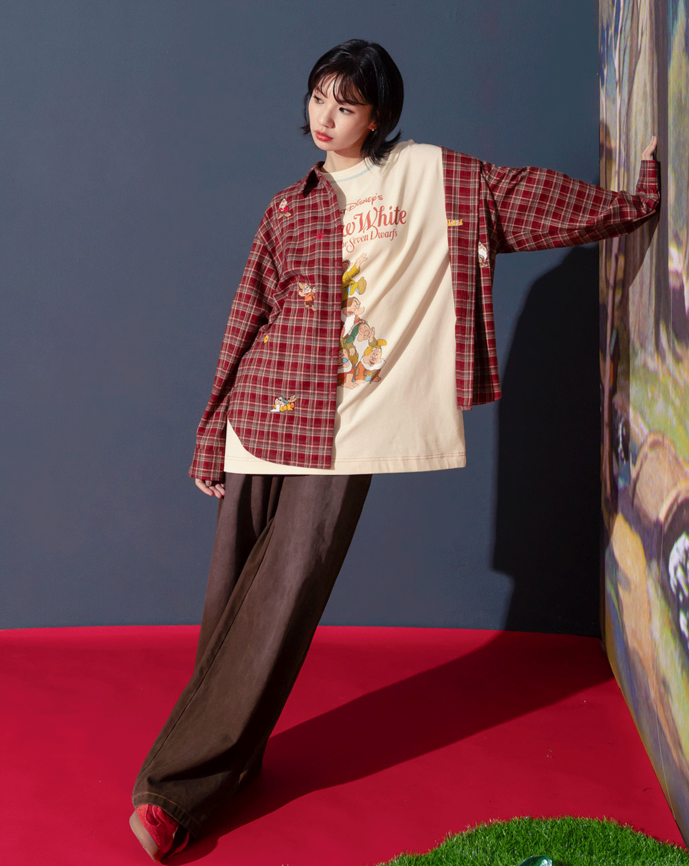 迪士尼系列 小矮人繡花復古格紋長袖襯衫(兩色)