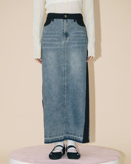 A｜顯瘦異材質拼接水洗牛仔長裙(兩色)