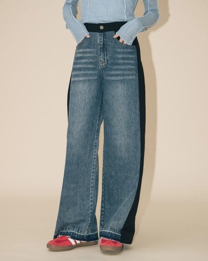 A｜好比例異材質拼接水洗牛仔寬褲(兩色)