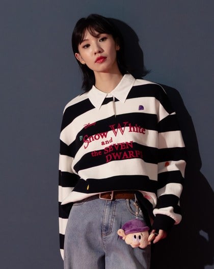 迪士尼系列 寶石繡花條紋長袖POLO衫(兩色)