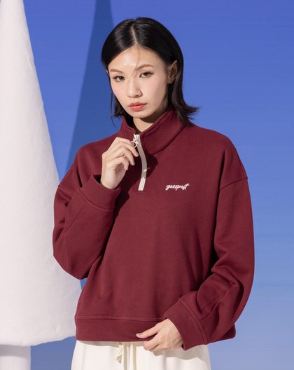 造型半開襟拉鍊側口袋短版上衣(兩色)