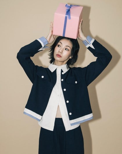 A｜異材質拼接圓領開襟外套(兩色)