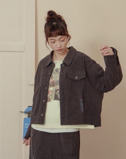 燈芯絨口袋配色刺繡襯衫領外套(兩色)