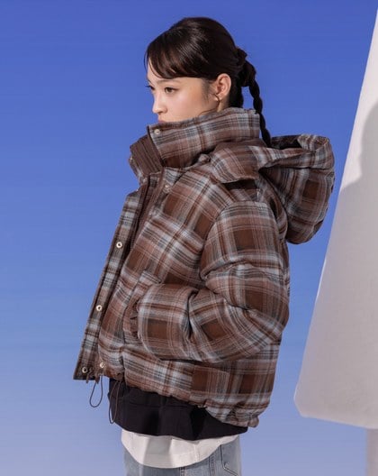 暮棕格紋可拆式連帽鋪棉外套