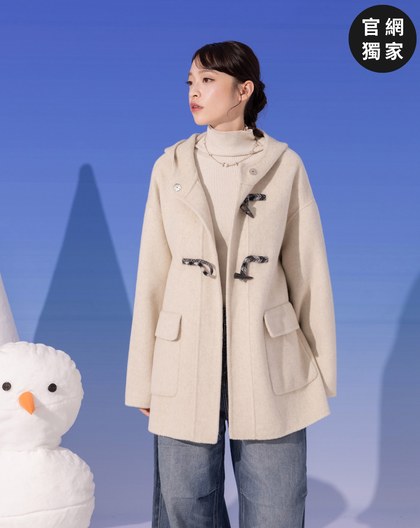 ➤緹花織帶牛角釦羊毛連帽短大衣(兩色)