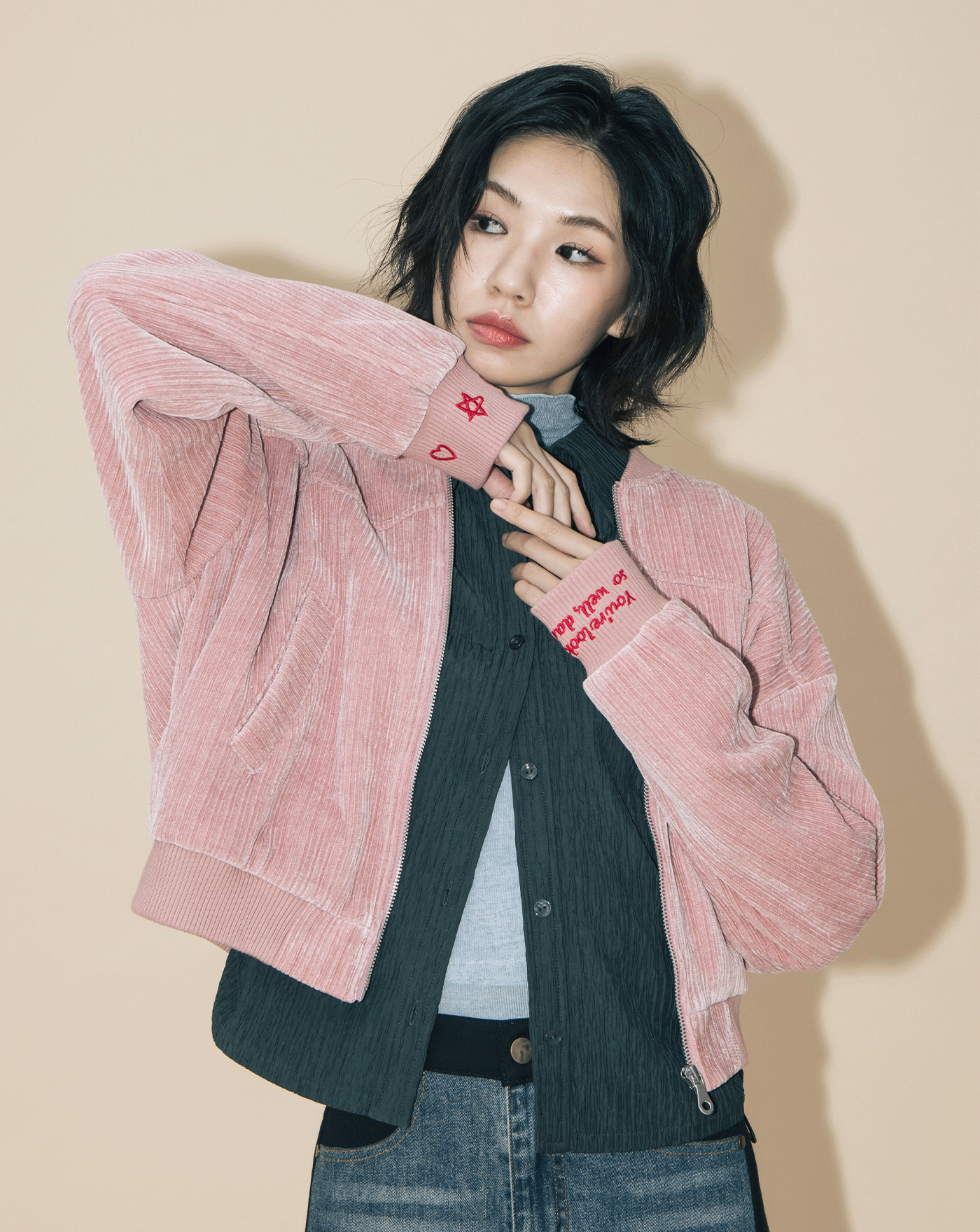 A｜復古條絨袖口繡花棒球外套(兩色)