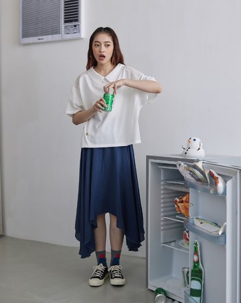 不對稱裙擺鬆緊長裙(兩色)