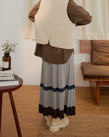 配色條紋百褶毛衣裙(兩色)