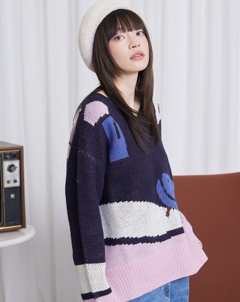 居家女孩與貓緹花毛衣(兩色)