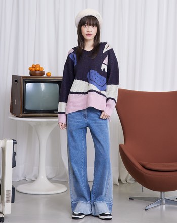 居家女孩與貓緹花毛衣(兩色)