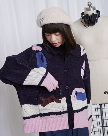 居家女孩與貓翻領開襟毛衣外套(兩色)