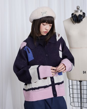 居家女孩與貓翻領開襟毛衣外套(兩色)