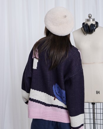 居家女孩與貓翻領開襟毛衣外套(兩色)