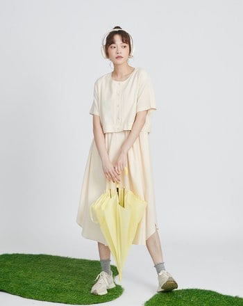 肌理紋假兩件開襟長洋裝(兩色)