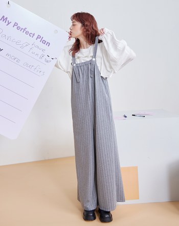 條紋鬆緊針織直筒吊帶褲(兩色)