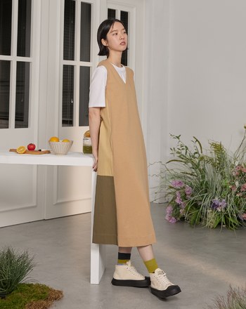 織標異材質拼接綁帶背心洋裝(兩色)