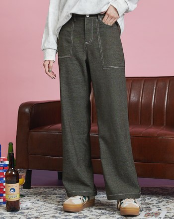 仿牛仔抽繩縮口直筒寬褲(兩色)