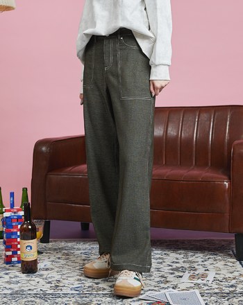 仿牛仔抽繩縮口直筒寬褲(兩色)