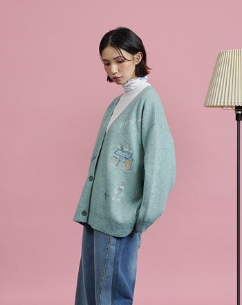 ➤古人漫步毛線繡V領毛衣外套(兩色)