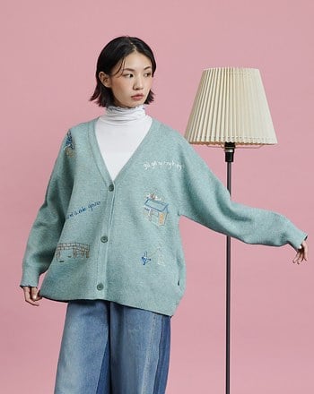 ➤古人漫步毛線繡V領毛衣外套(兩色)