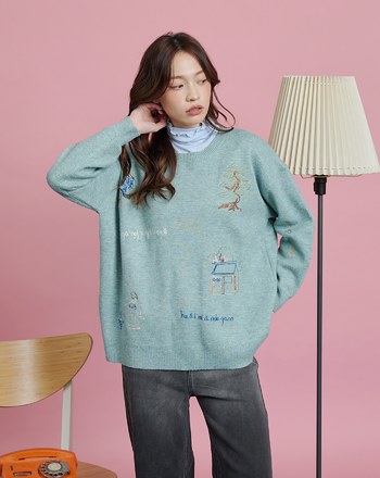 ➤古人漫步毛線繡圓領毛衣(兩色)