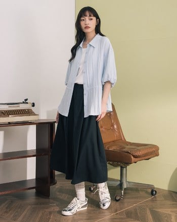 ➤抗皺釦洞造型口袋打褶傘裙(兩色)