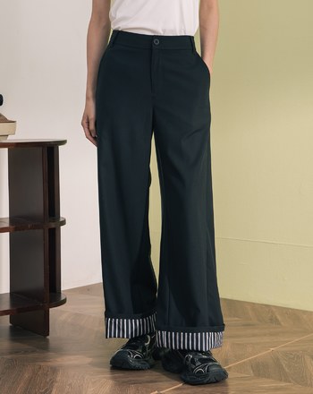 ➤抗皺條紋拼接反褶直筒寬褲(兩色)