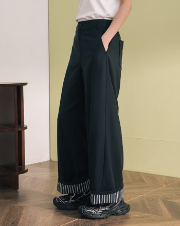 ➤抗皺條紋拼接反褶直筒寬褲(兩色)