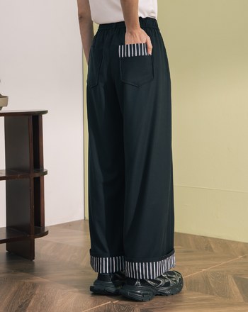 ➤抗皺條紋拼接反褶直筒寬褲(兩色)