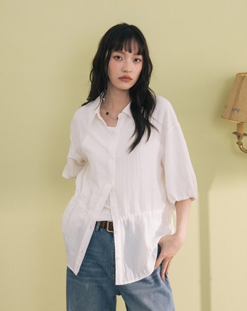 鬆緊拋袖可調節收腰造型襯衫(兩色)