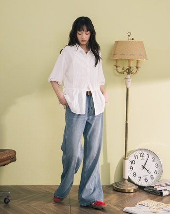 鬆緊拋袖可調節收腰造型襯衫(兩色)