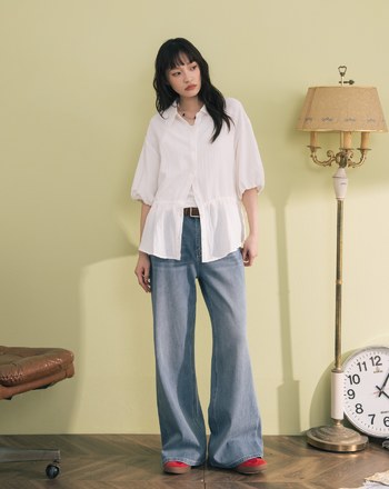 鬆緊拋袖可調節收腰造型襯衫(兩色)