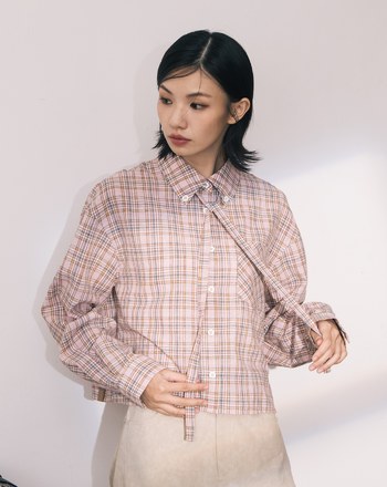A｜復古提織格紋短版襯衫附造型織帶(兩色)