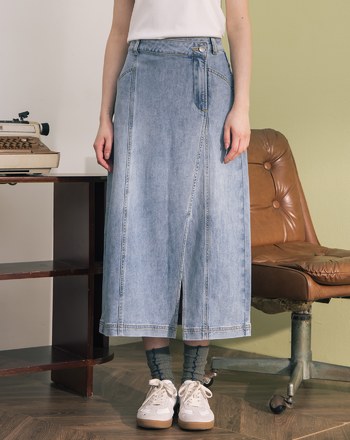 下擺不對稱開衩涼感彈性A字牛仔裙(兩色)