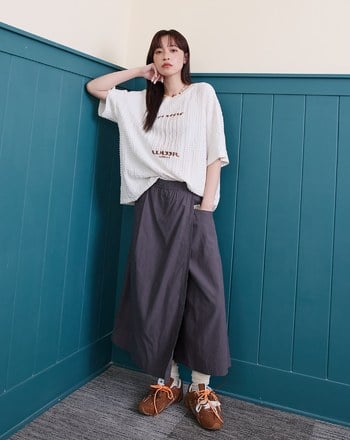 涼感天絲不對稱裙片鬆緊褲裙(兩色)