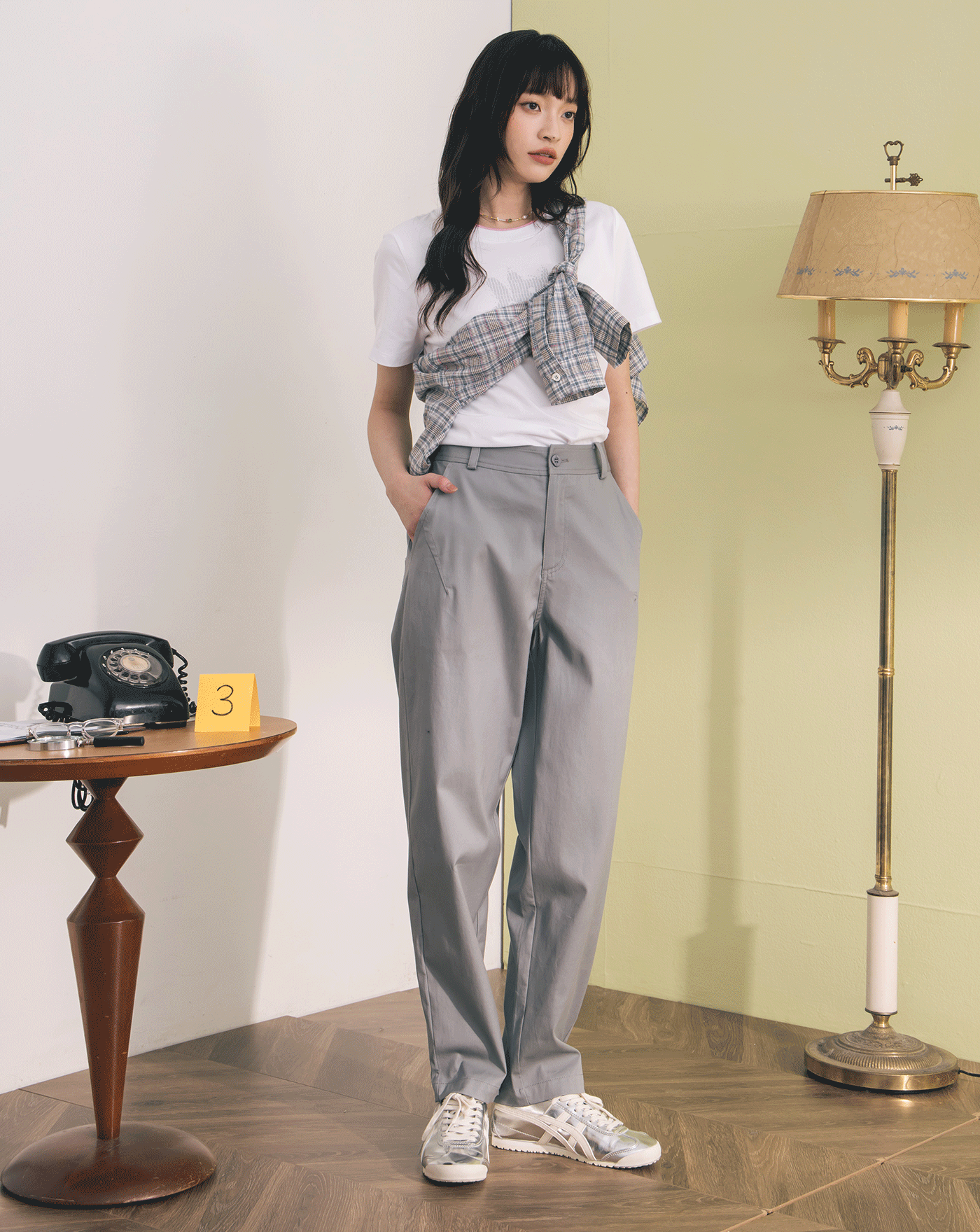 格紋雙層口袋造型彈性男友褲(兩色)