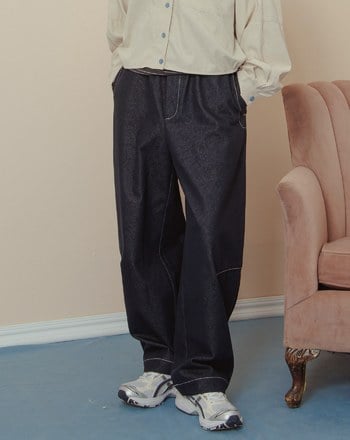 配色造型壓線仿牛仔男友褲(三色)