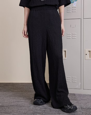 皺皺織紋彈性寬褲