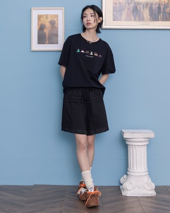 顯瘦異材質假兩層抽繩五分褲(兩色)