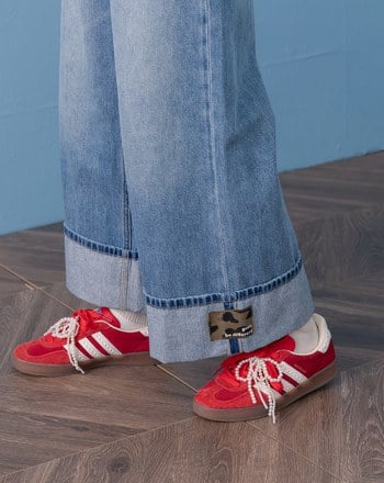 豹紋布標反折九分牛仔寬褲(兩色)