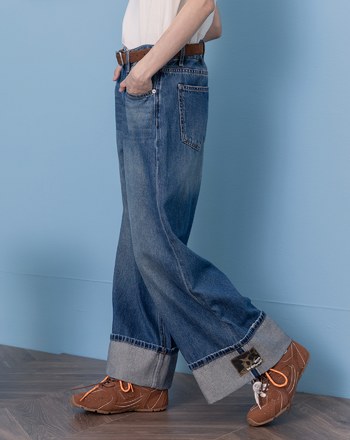 豹紋布標反折九分牛仔寬褲(兩色)