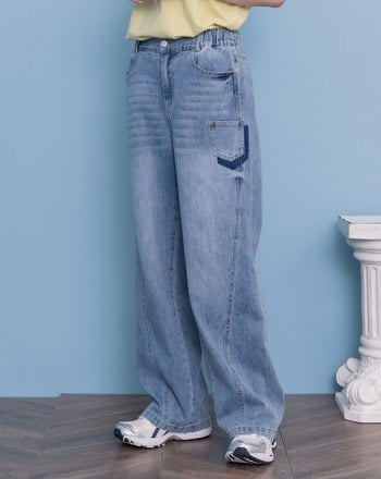 好比例水洗剪接彈性直筒牛仔褲