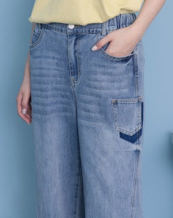 好比例水洗剪接彈性直筒牛仔褲