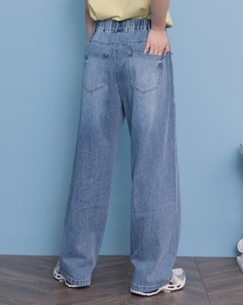 好比例水洗剪接彈性直筒牛仔褲