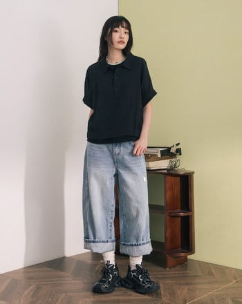 顯瘦剪接刷色直筒八分牛仔褲