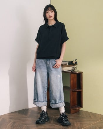 顯瘦剪接刷色直筒八分牛仔褲