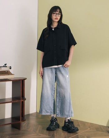 顯瘦剪接刷色直筒八分牛仔褲