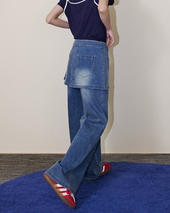 A｜顯瘦刷色不對稱腰頭兩件式牛仔褲(兩色)