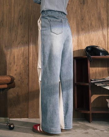 A｜異材質拼接立體打褶抽繩牛仔寬褲(兩色)